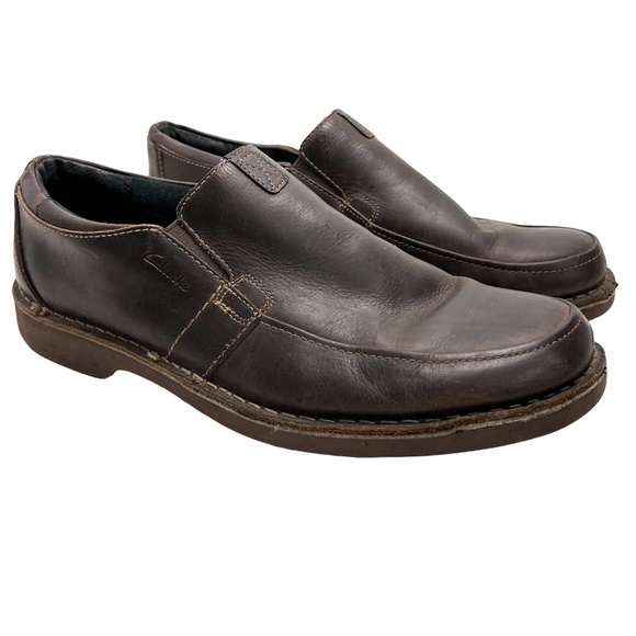 CLARKS Dark Chocolate Brown Genuine Leather Slip ON Loafers Casual Shoes sz 12 - Picture 1 of 16